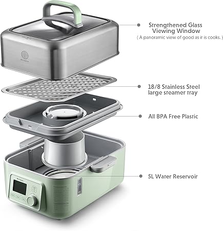 BUYDEEM G553 5-Quart Electric Food Steamer for Cooking, One Touch Vegetable Steamer, Digital Multifunctional Steamer, Quick Steam in 60s, Stainless Steel Steamer Tray, No Stew Pots Included